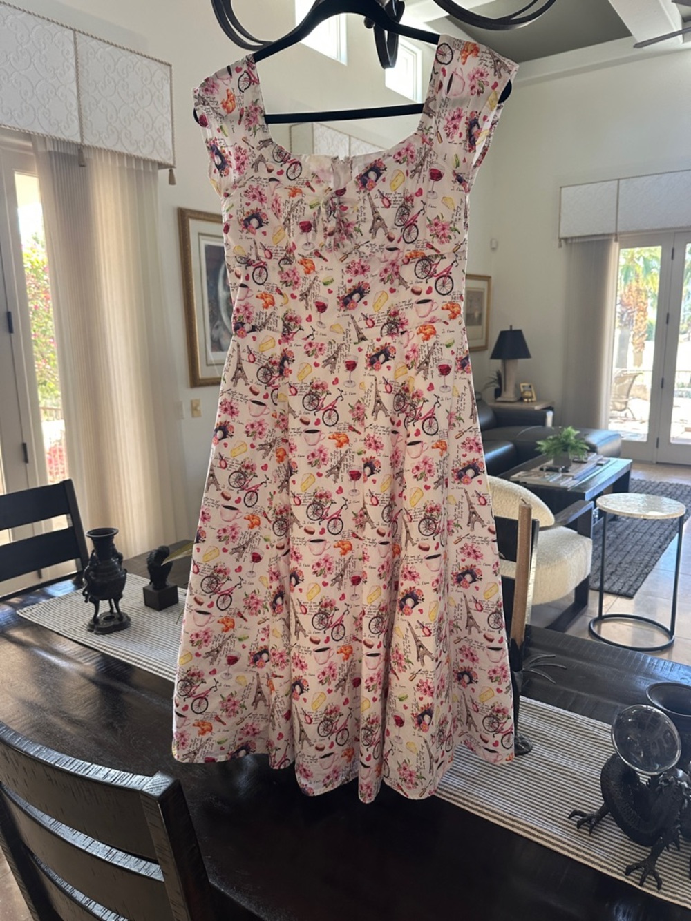 Unique Vintage Pink Parisian Print Fit-and-Flare Dress